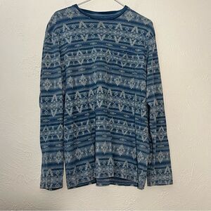 True Grit Mens Long Sleeve Shirt Tee Blue Tribal Aztec Western Linen Blend SZ M